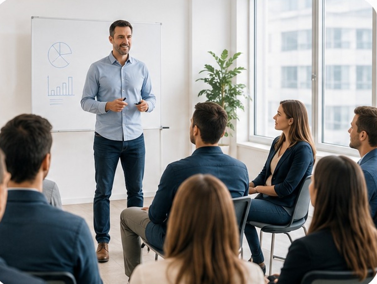 Taller de bienestar con un equipo de trabajo en una oficina.