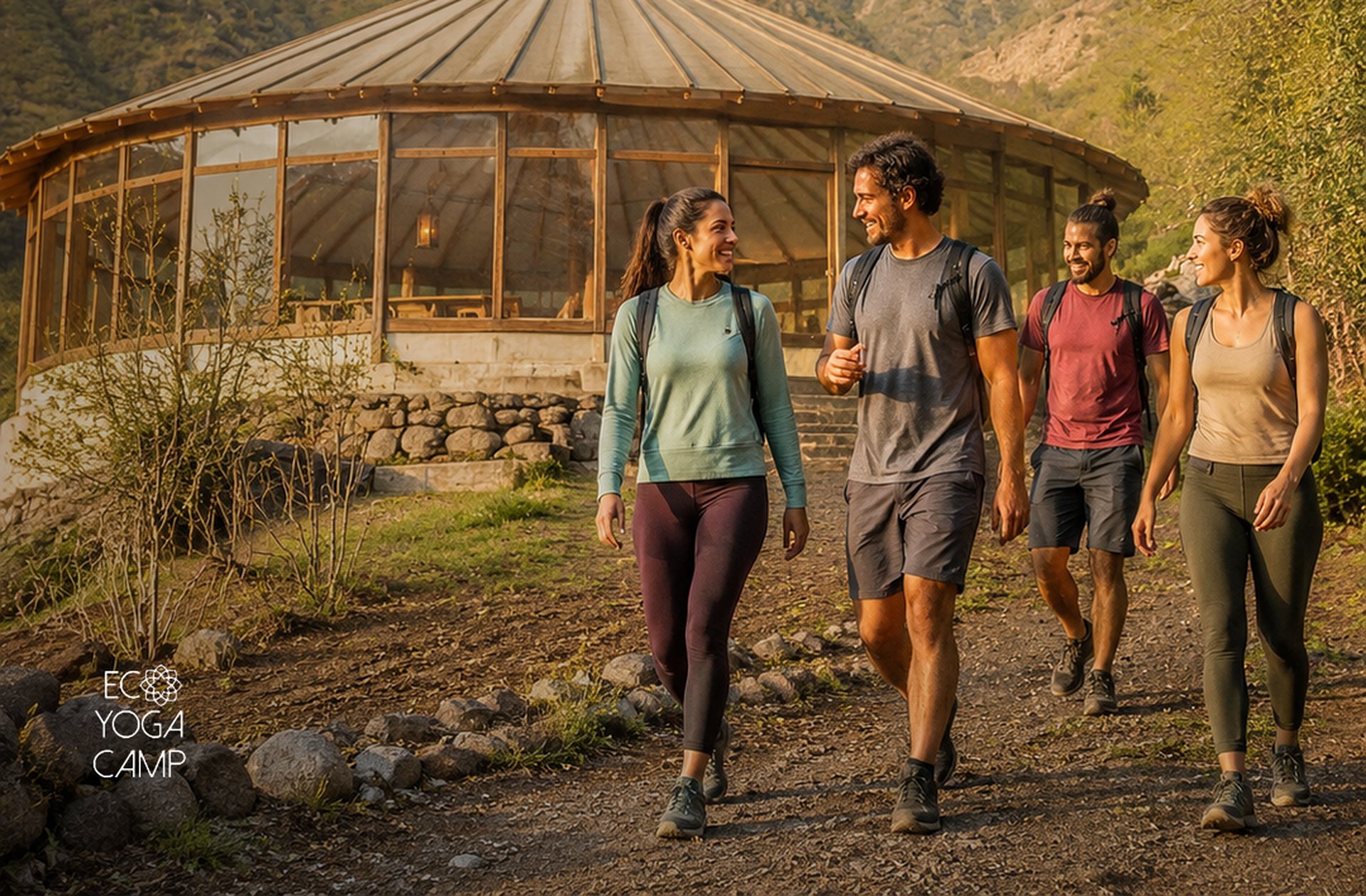 Mujeres y hombres caminando juntos en la montaña durante un retiro EcoYogaCamp.
