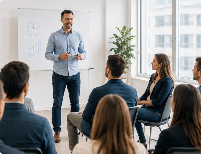 Facilitador guiando una sesión con un equipo de trabajo.